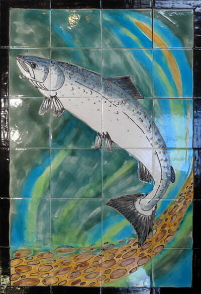 Leaping salmon tile panel